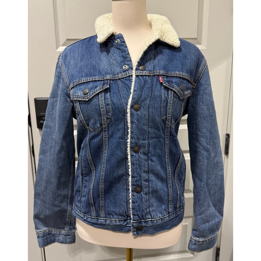 Levi Womans S Sherpa Lined Jean Truckers Jacket Blue Denim Snap Closure